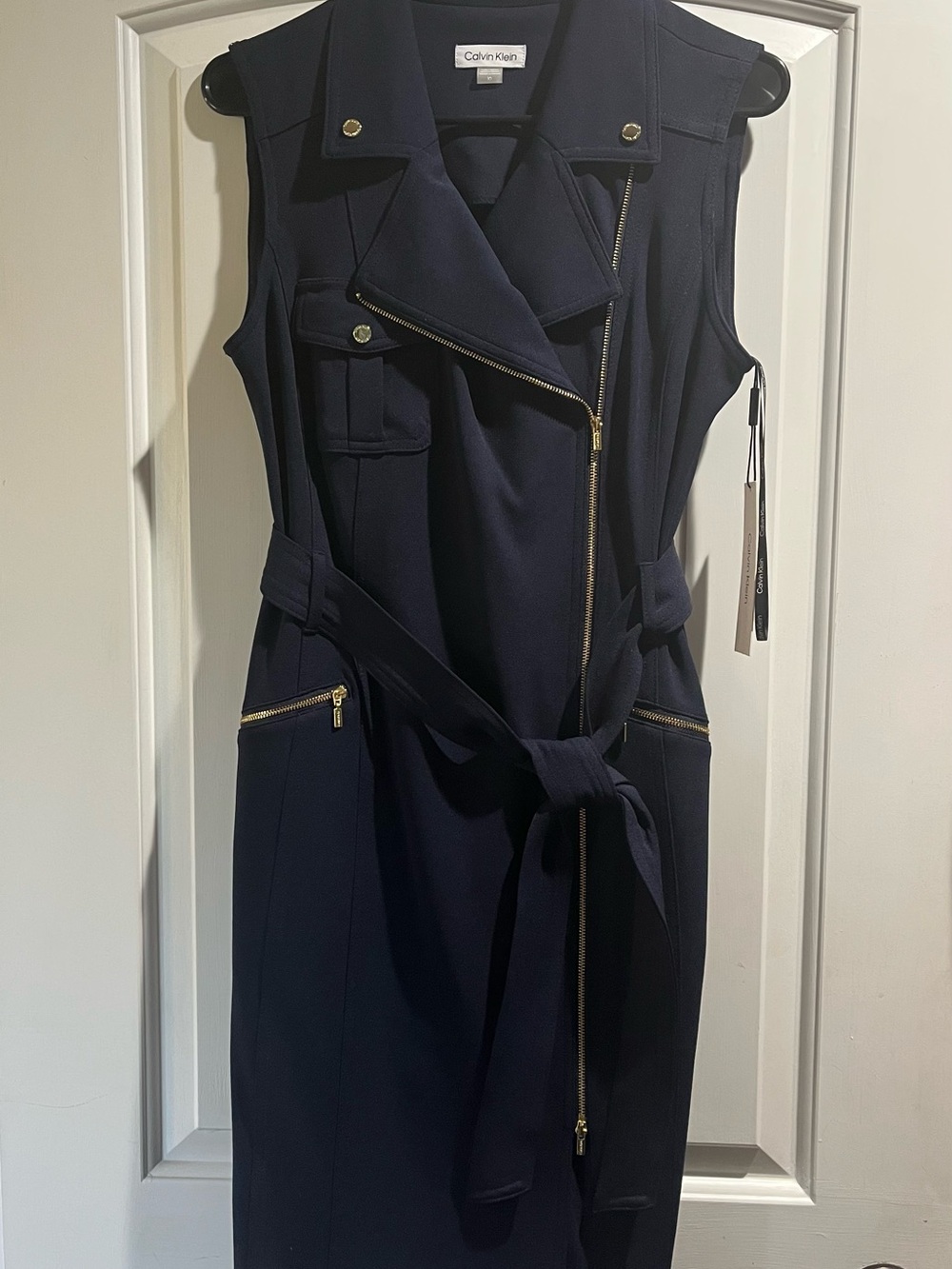 Calvin Klein Navy Sleeveless Zip-Front Belted Midi Dress with Gold Hardware